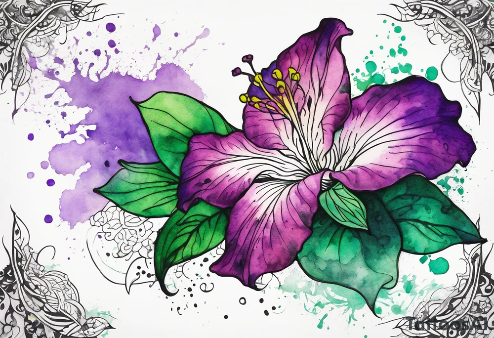 A mystical outline of a rio dipladenia flower and a green and purple watercolor splash in the background tattoo idea