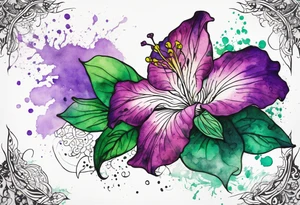 A mystical outline of a rio dipladenia flower and a green and purple watercolor splash in the background tattoo idea