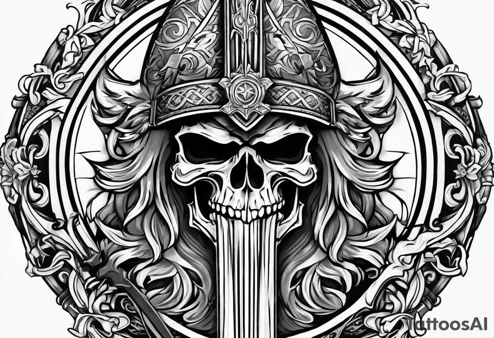 Valhalla church sword shield axe tattoo idea