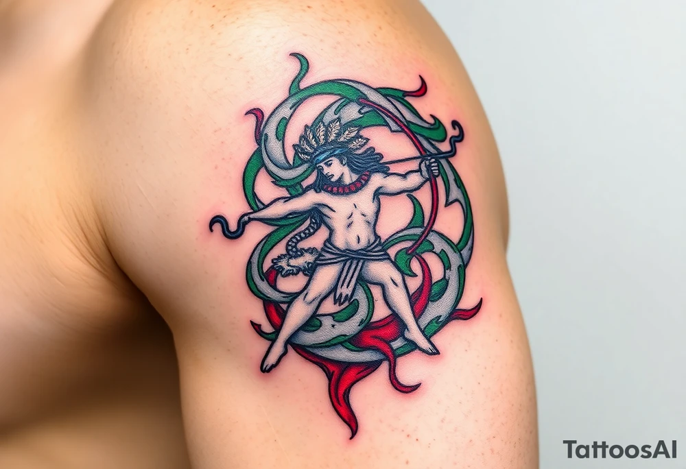 A Sagittarius figure engulfed in swirling cosmic energy, blending green, gray, and red tones tattoo idea