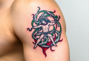 A Sagittarius figure engulfed in swirling cosmic energy, blending green, gray, and red tones tattoo idea