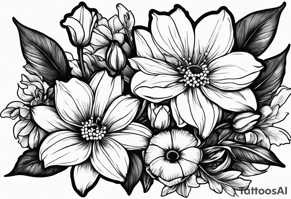 Minimalist Two roses, two daisies, one daffodil, one chrysanthemum, one gladiolus, one lily of the valley tattoo idea
