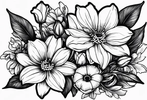 Minimalist Two roses, two daisies, one daffodil, one chrysanthemum, one gladiolus, one lily of the valley tattoo idea