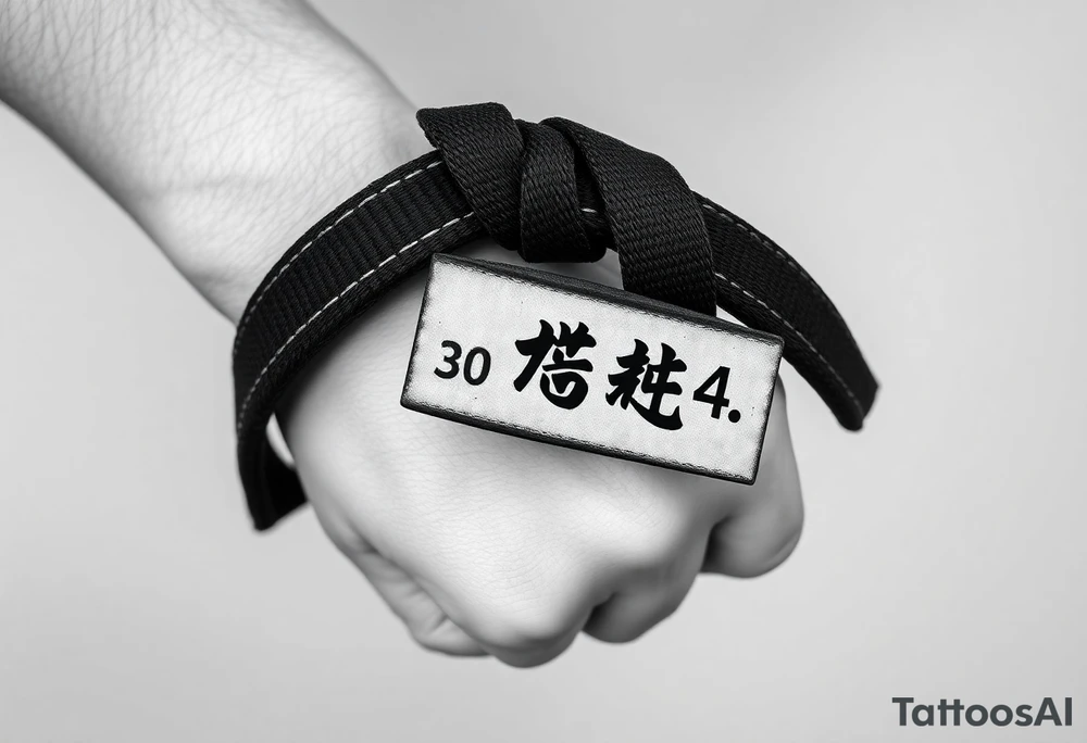 A realistic black and gray tattoo of a Brazilian Jiu-Jitsu black belt wrapping around the wrist like a bracelet. The belt is tied in a knot with one end showing the number 30 and the other showing 24. On the flat end of the belt, two Japanese kanji characters are inked in white: 成長 (growth) and 忍耐 (perseverance). The belt has subtle stitch marks and worn, textured shading for a slightly distressed, authentic look. The style is clean, symbolic, and bold, designed to wrap naturally around the wrist like a wristband.” tattoo idea