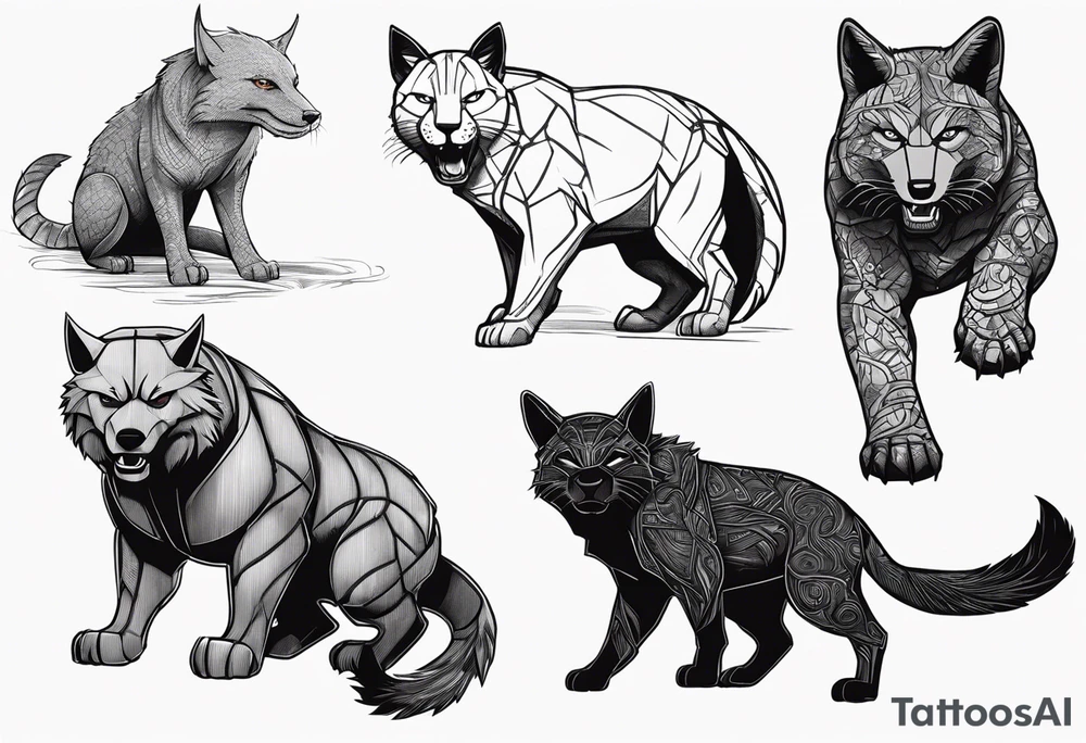 I want to change Avengers Team characters with animals. Hulk will be Badger, Thor will be Alpha Grey Wolf, Captain America will be Bull, Iron Man will be Canary, Black Widow will be Axolotl, Hawk Eye will be Sudan Plated Lizard and Nick Fury will be Cat. tattoo idea