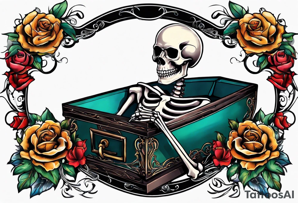 skeleton getting out of coffin tattoo idea