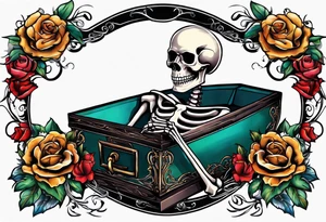 skeleton getting out of coffin tattoo idea