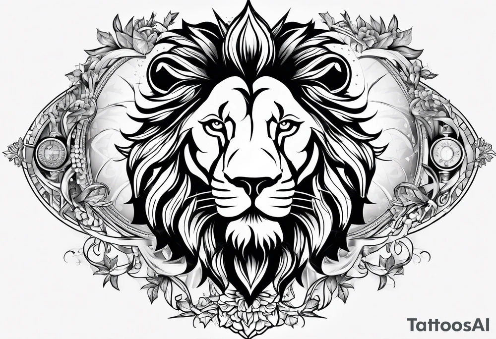 Shoulder  tatoo  include  compass,lion and a man. tattoo idea
