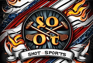 puck with crossed hockey sticks in the background and flames that says "SHOT SPORTS" tattoo idea