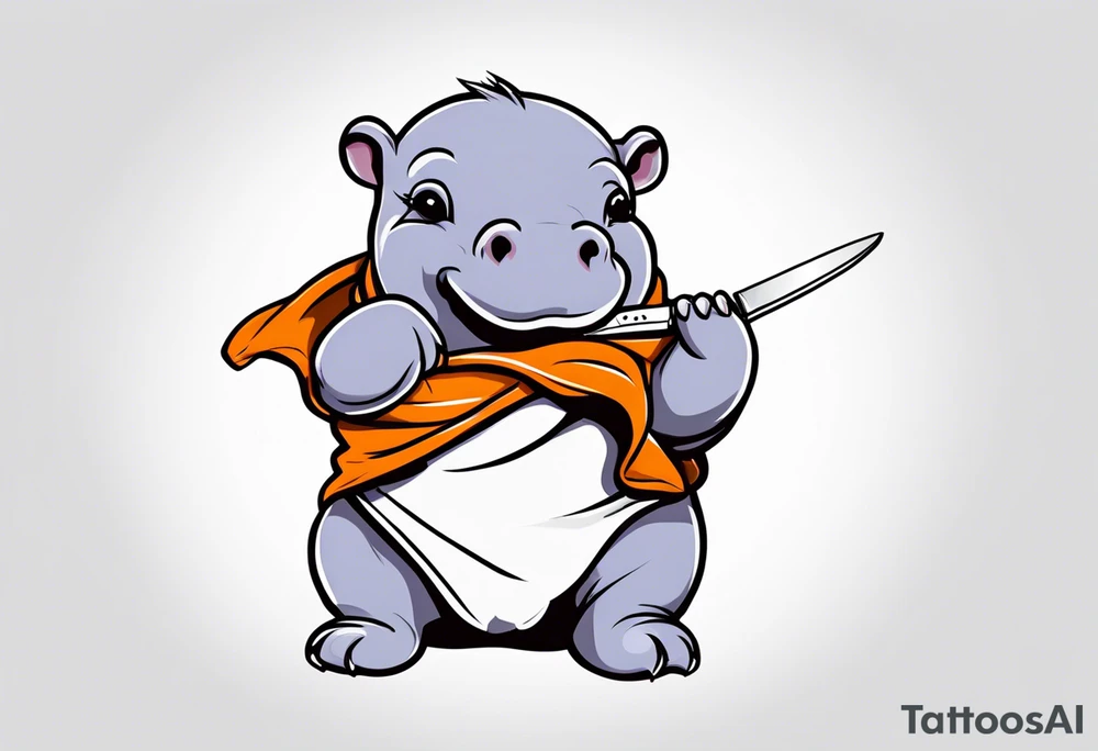Baby hippo in a swaddle holding a knife in its mouth tattoo idea