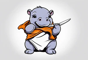 Baby hippo in a swaddle holding a knife in its mouth tattoo idea