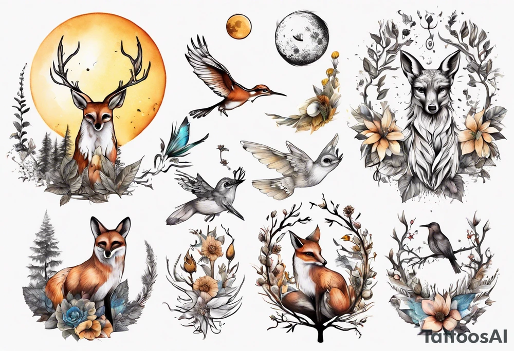 wasser, sonne, mond, fuchs, eule kolibri, wald, hirsch, blume des lebens, 
baum, berlin tattoo idea