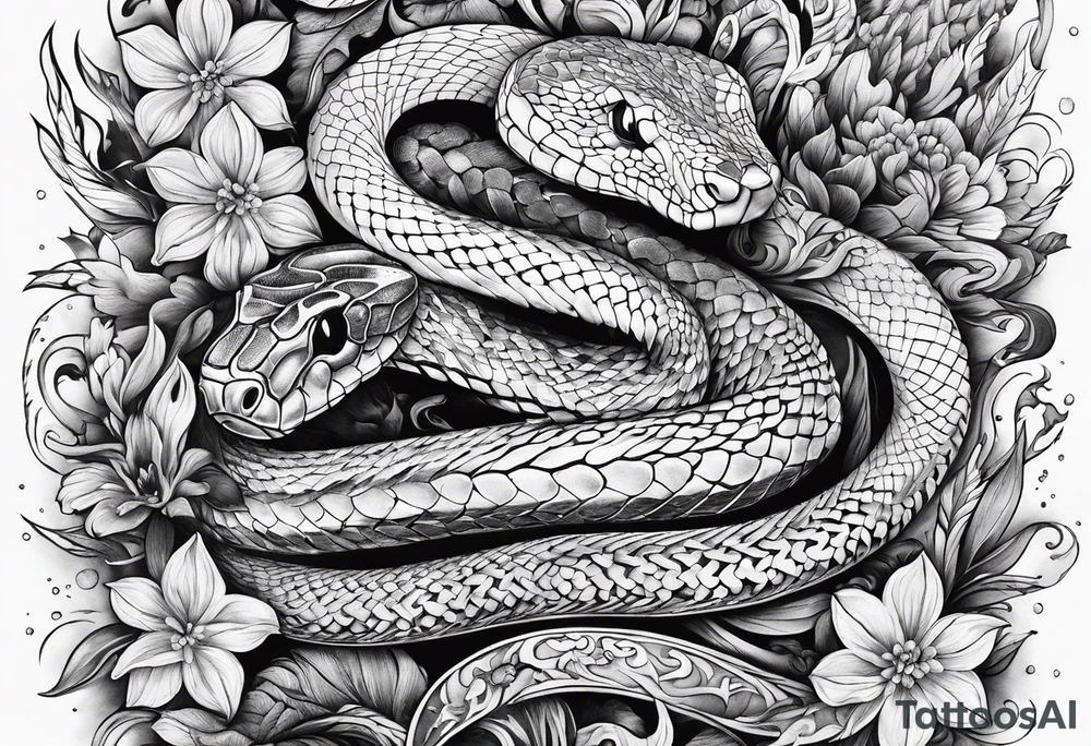 Knife, snake, wildflowers, flames tattoo idea