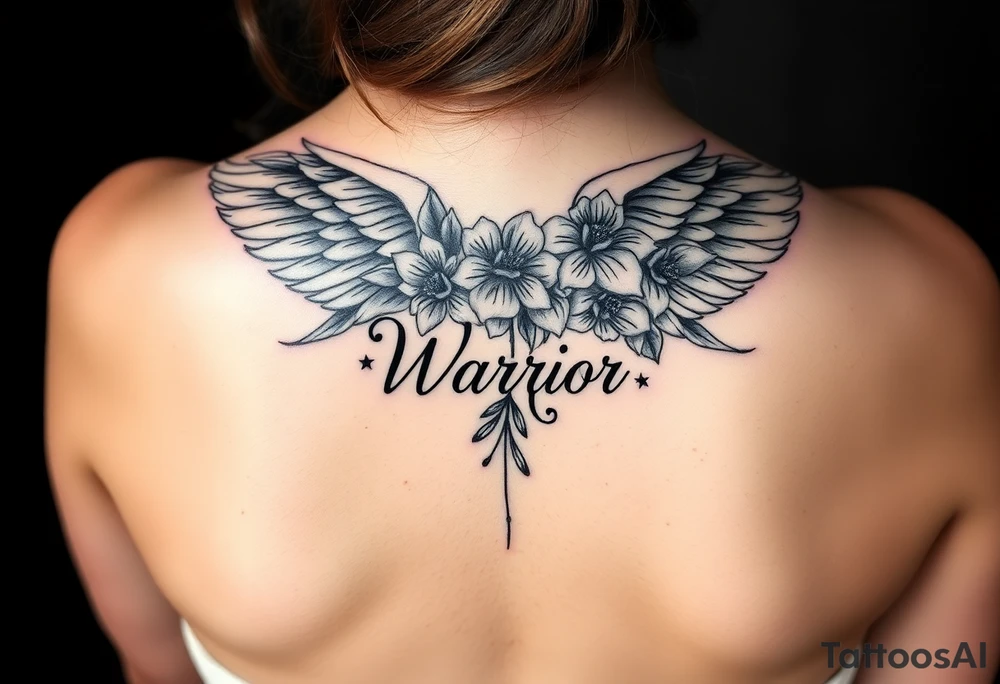 beautiful angel wing with majestic flowers with word "Warr;or" tattoo idea