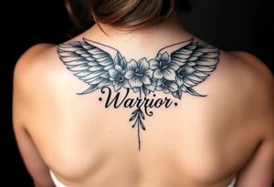 beautiful angel wing with majestic flowers with word "Warr;or" tattoo idea