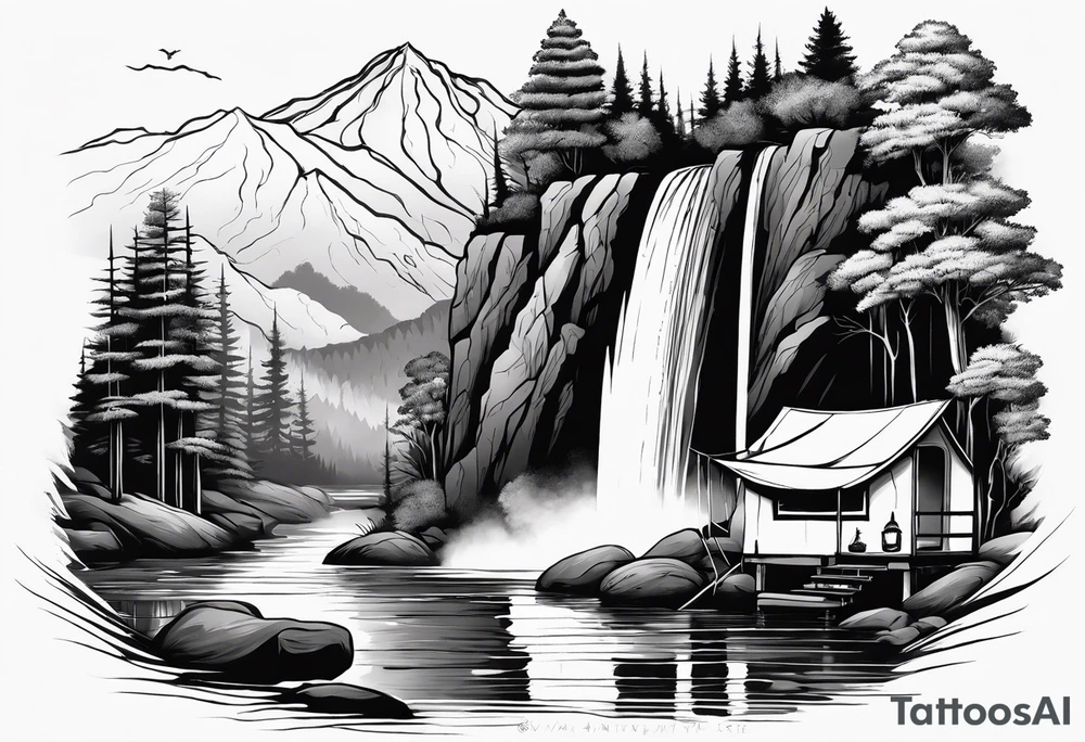 waterfall going into a river with a camp site in Australia tattoo idea