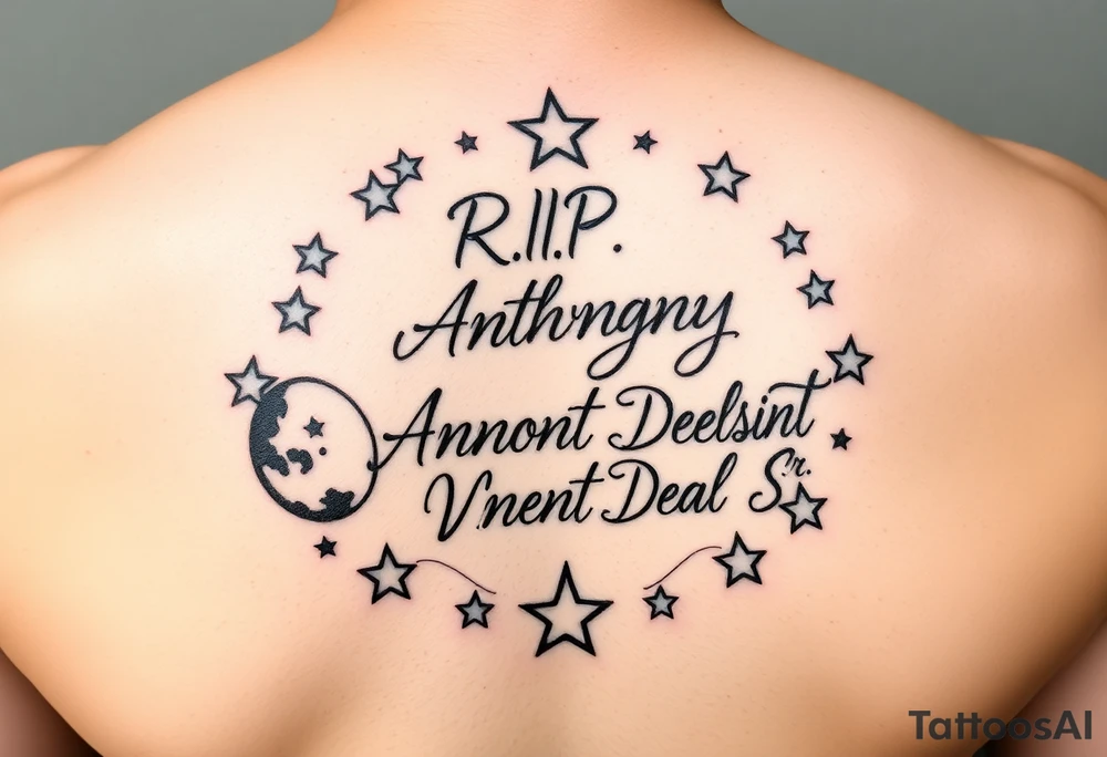 Manly handwriting R.I.P. 
Anthony Lamont Deal Sr surrounded by moons and stars tattoo idea
