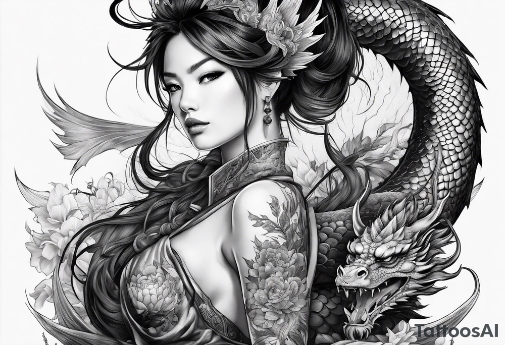 large warrior nymph with dragon tattoo idea