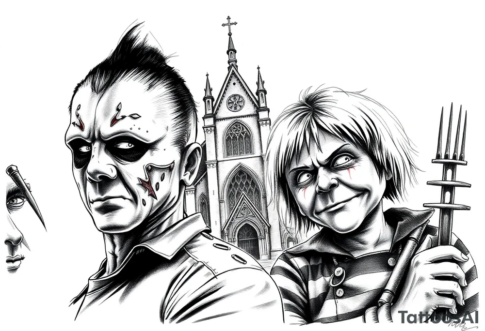 Jason Freddy and chucky looking sinister. An old gothic church is in the back ground. tattoo idea