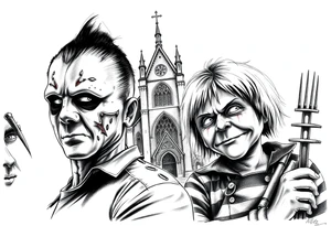Jason Freddy and chucky looking sinister. An old gothic church is in the back ground. tattoo idea