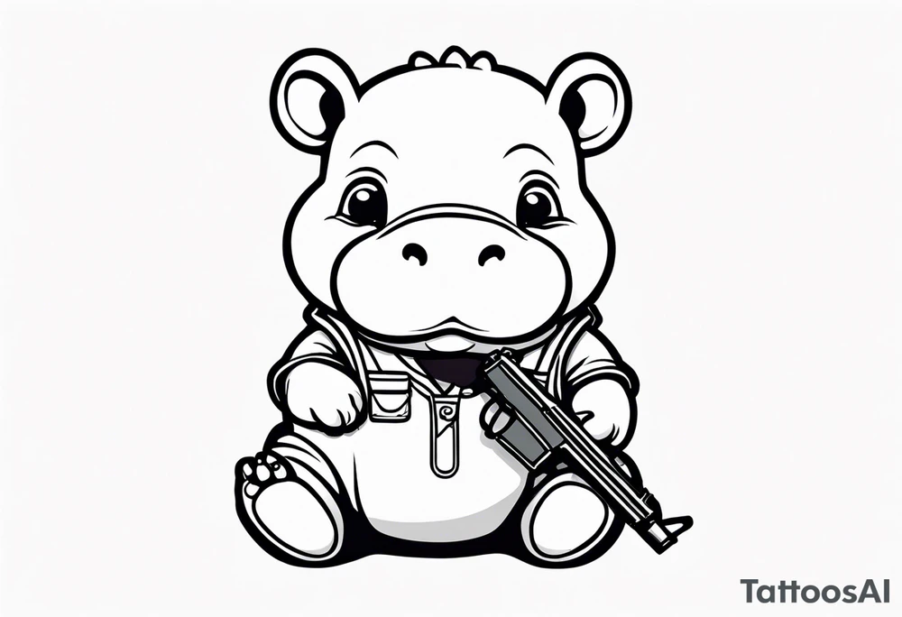 Baby hippo wearing overalls and holding a gun tattoo idea