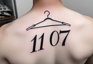 I want a tattoo about 7 cm in size that includes a drawing of a clothes hanger and the numbers 11 07, all in a realistic, beautiful style with stylish lettering tattoo idea