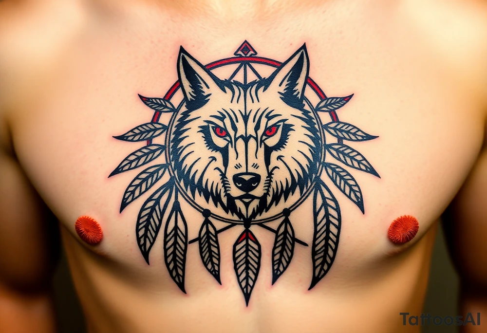 A symmetrical tribal wolf head inside a dreamcatcher, with feather patterns forming geometric shapes around it. The design is rendered in black ink with accents of red for the eyes and white in the feathers tattoo idea