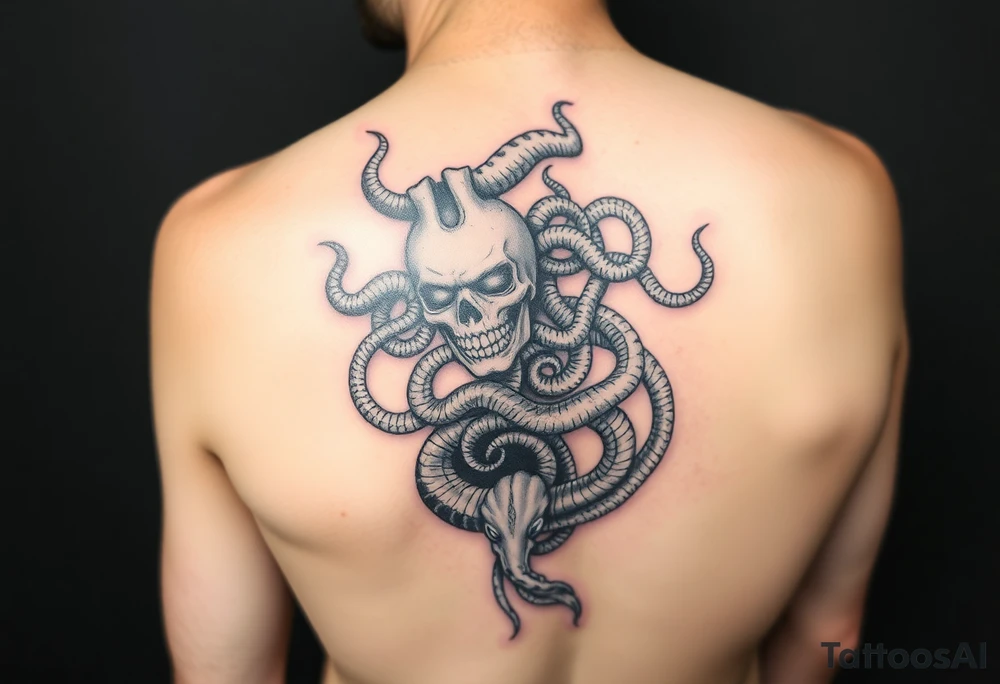 Vertical tattoo with Medusa head and coiled snakes with pirate ship with the kraken wrapped around it and poisiden at the bottom tattoo idea