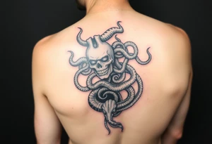 Vertical tattoo with Medusa head and coiled snakes with pirate ship with the kraken wrapped around it and poisiden at the bottom tattoo idea