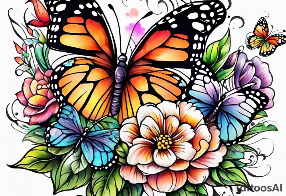Colorful flowers and butterflies half arm sleeve tattoo idea