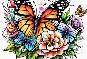 Colorful flowers and butterflies half arm sleeve tattoo idea