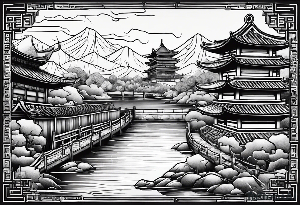 Chinesischer see mit der Mauer im hintergrund und verschiedenen Tieren tattoo idea
