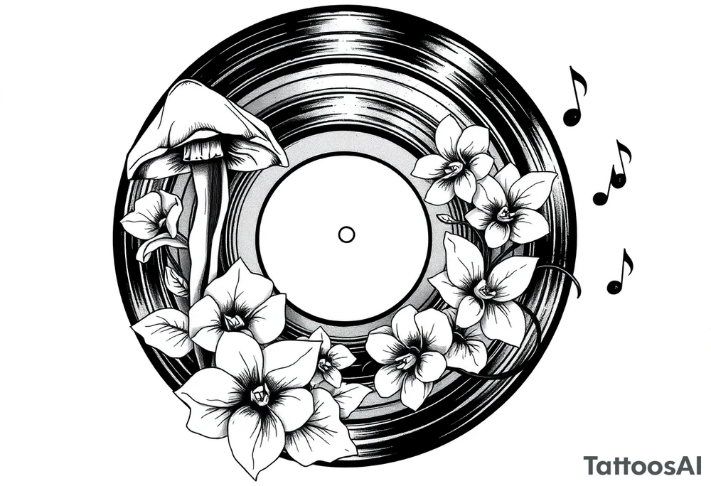 vinyl record player with mushrooms, orchids, and music notes around it tattoo idea