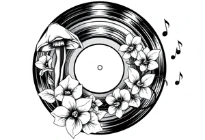 vinyl record player with mushrooms, orchids, and music notes around it tattoo idea