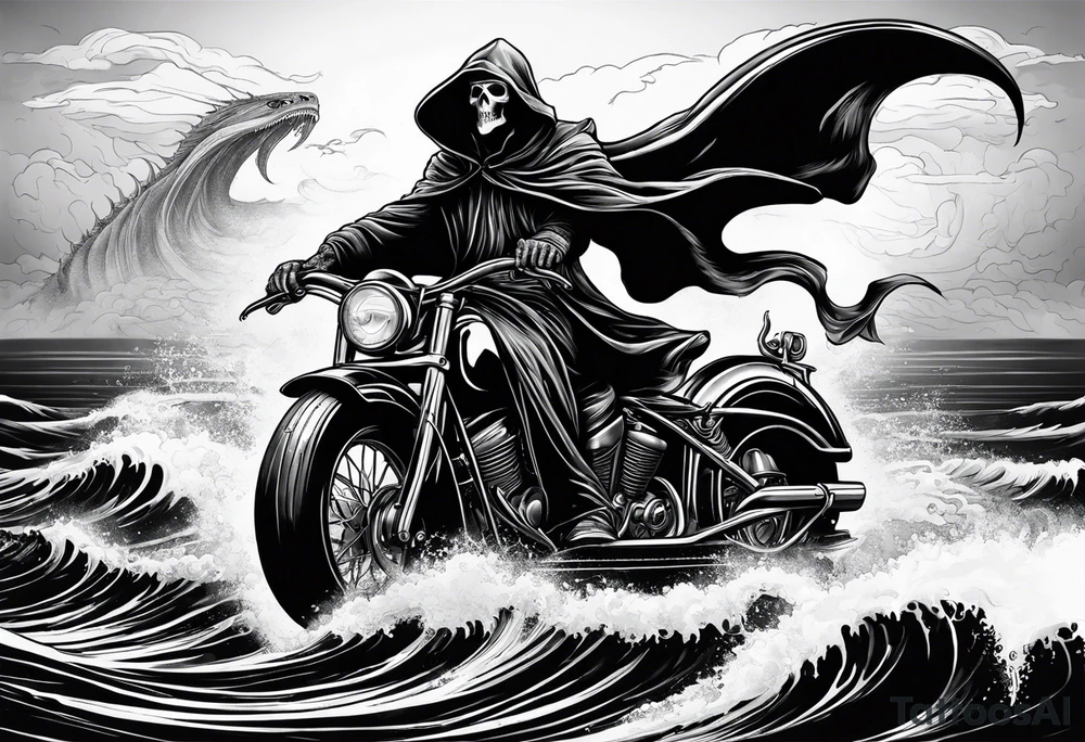 Grim reaper riding a ferry with a kraken underneath tattoo idea