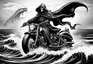 Grim reaper riding a ferry with a kraken underneath tattoo idea