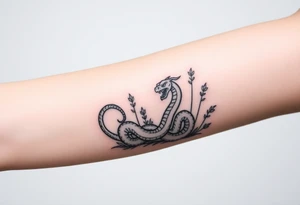 Large mythical creepy serpent near plants tattoo idea