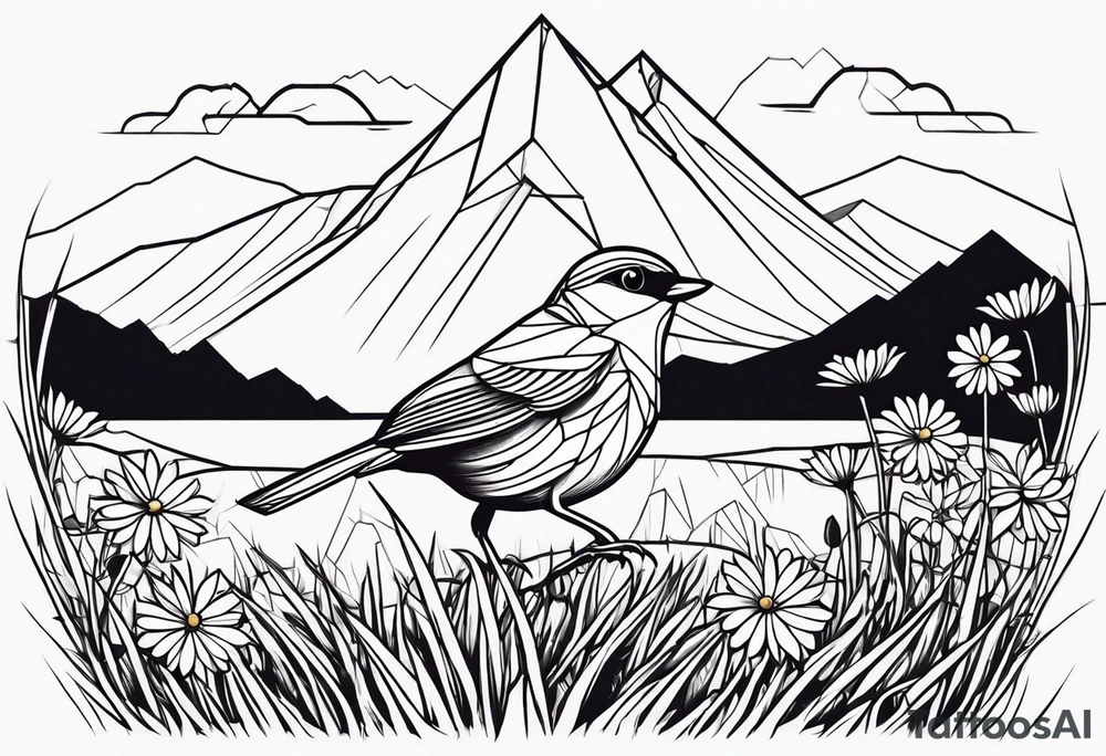 Geometric small bird in a grass and daisy field with Mountain View behind tattoo idea