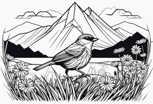 Geometric small bird in a grass and daisy field with Mountain View behind tattoo idea