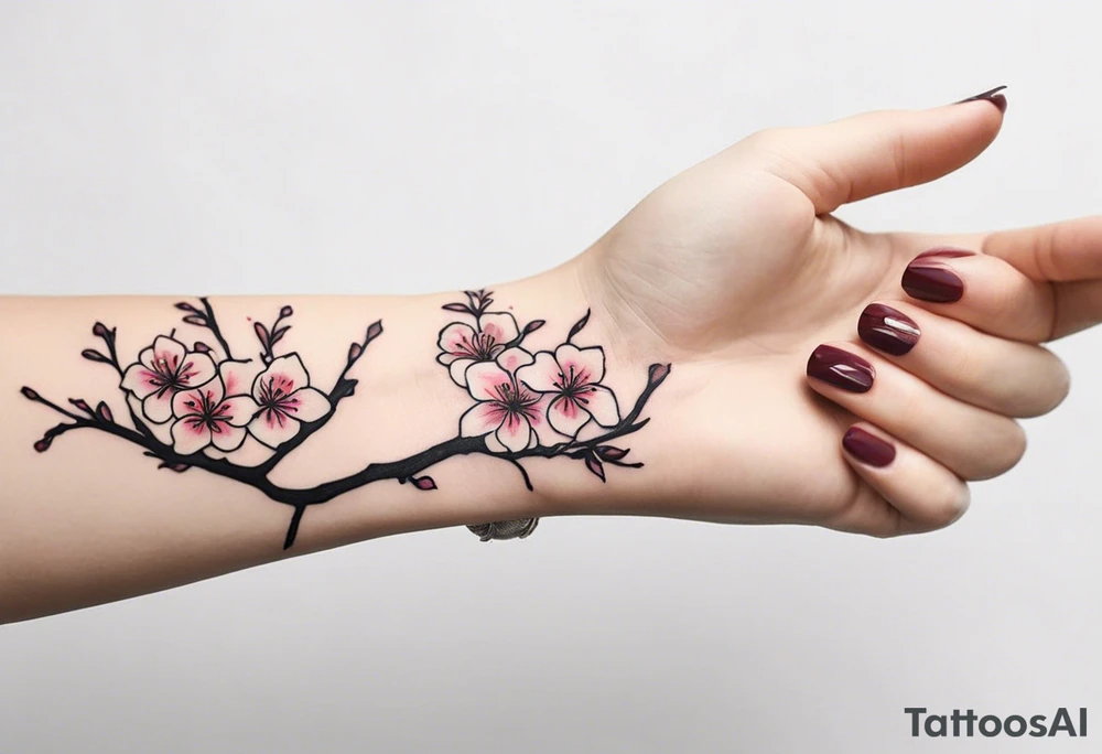 Sure thing! Your tattoo design includes a human hand pointing at a skeleton hand on your left shoulder. The human hand ends 3 cm into the wrist, where you want a cherry blossom branch to sprout out. The branch should travel down to your arm, wrap around your bicep once, then narrow down to fit through a 7 cm gap on your forearm, and finally end in a 10 cm gap on your wrist filled with more blossom flora. This detailed description can help a generative AI artwork understand the design you're envisioning. tattoo idea