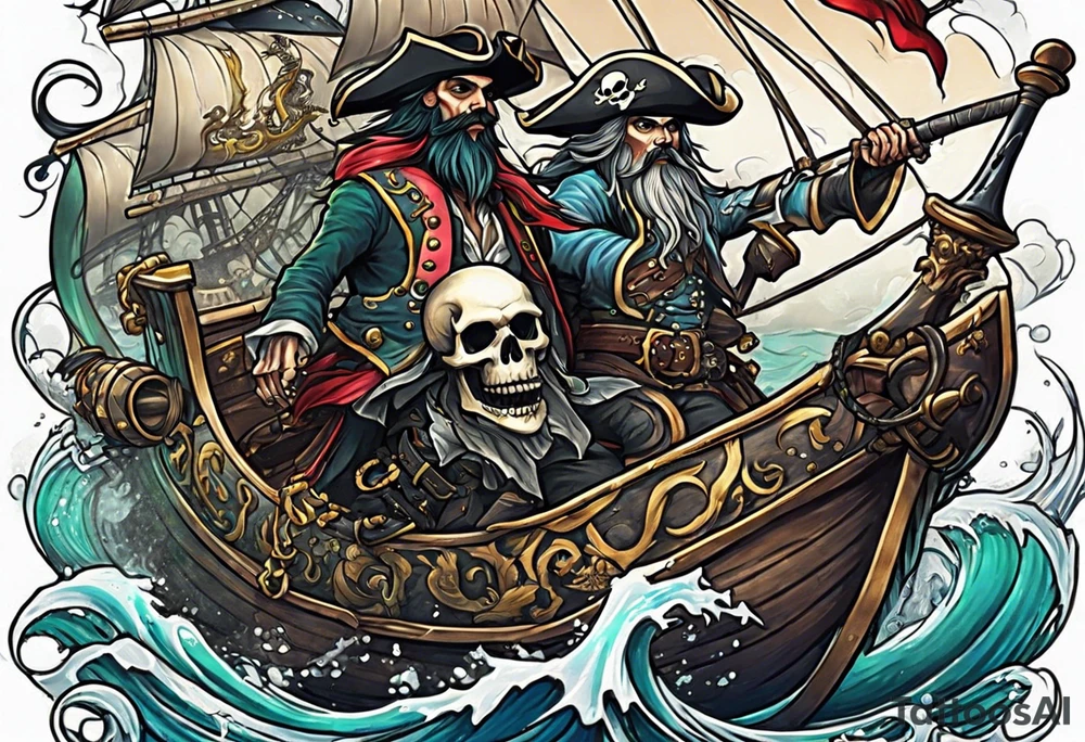 skeleton pirates fighting a sea serpent tattoo idea