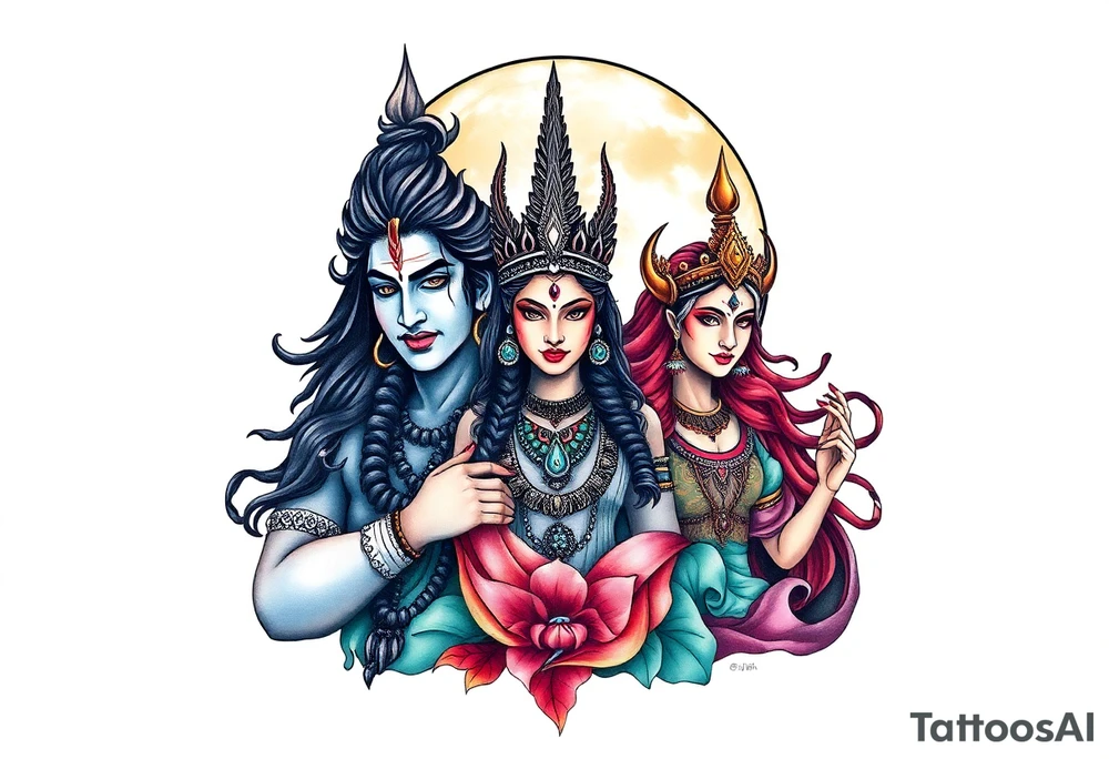 Lord Shiva, Godess Kali, Godess Lilith Together with the moon in the background tattoo idea
