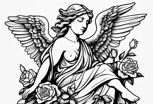 Simple Angel statue stood on a rock with daffodils and roses wrapped around its legs tattoo idea