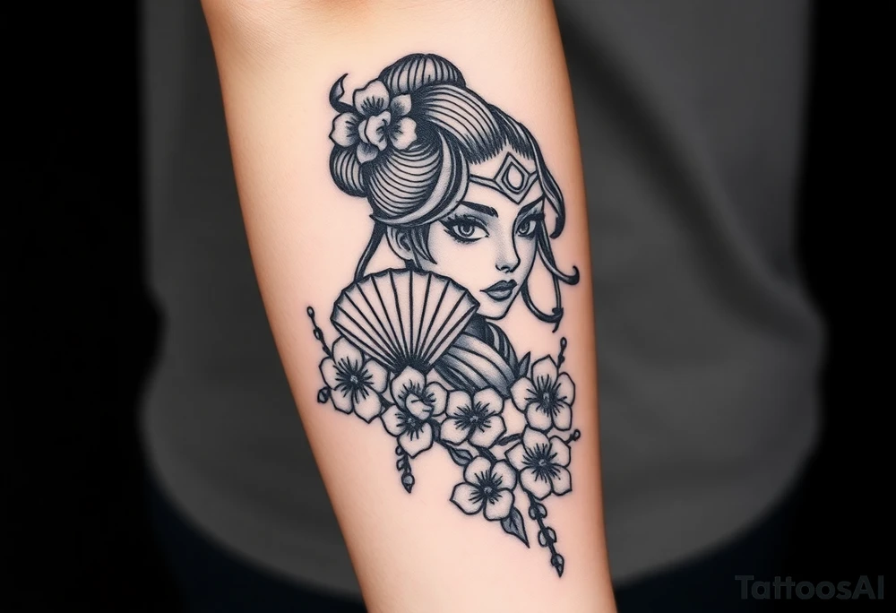 Warrior girl with fan on her face cherry blossoms tattoo idea