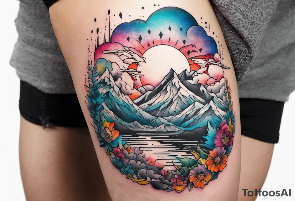 Landscape tattoo that's appear to be ejecting from the skin, symbolizing the freedom. tattoo idea