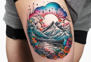 Landscape tattoo that's appear to be ejecting from the skin, symbolizing the freedom. tattoo idea