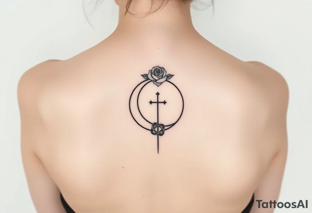 Tattoo with Lilith  symbol  (half moon with cross beneath) a loose knot and a rose around the top half of the half moon tattoo idea