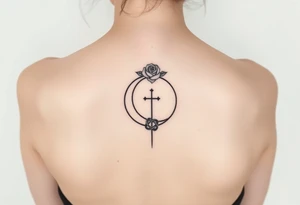 Tattoo with Lilith  symbol  (half moon with cross beneath) a loose knot and a rose around the top half of the half moon tattoo idea
