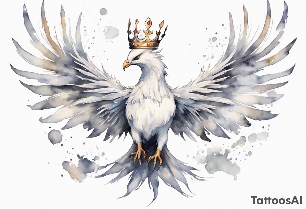 a white phoenix wearing a small crown, flying in the air tattoo idea