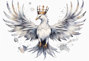 a white phoenix wearing a small crown, flying in the air tattoo idea